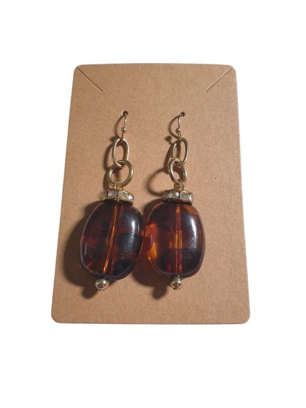 Gold Tone Link Chain Tortoise Acrylic Bead Dangle Earring Lightweight Rhinestone